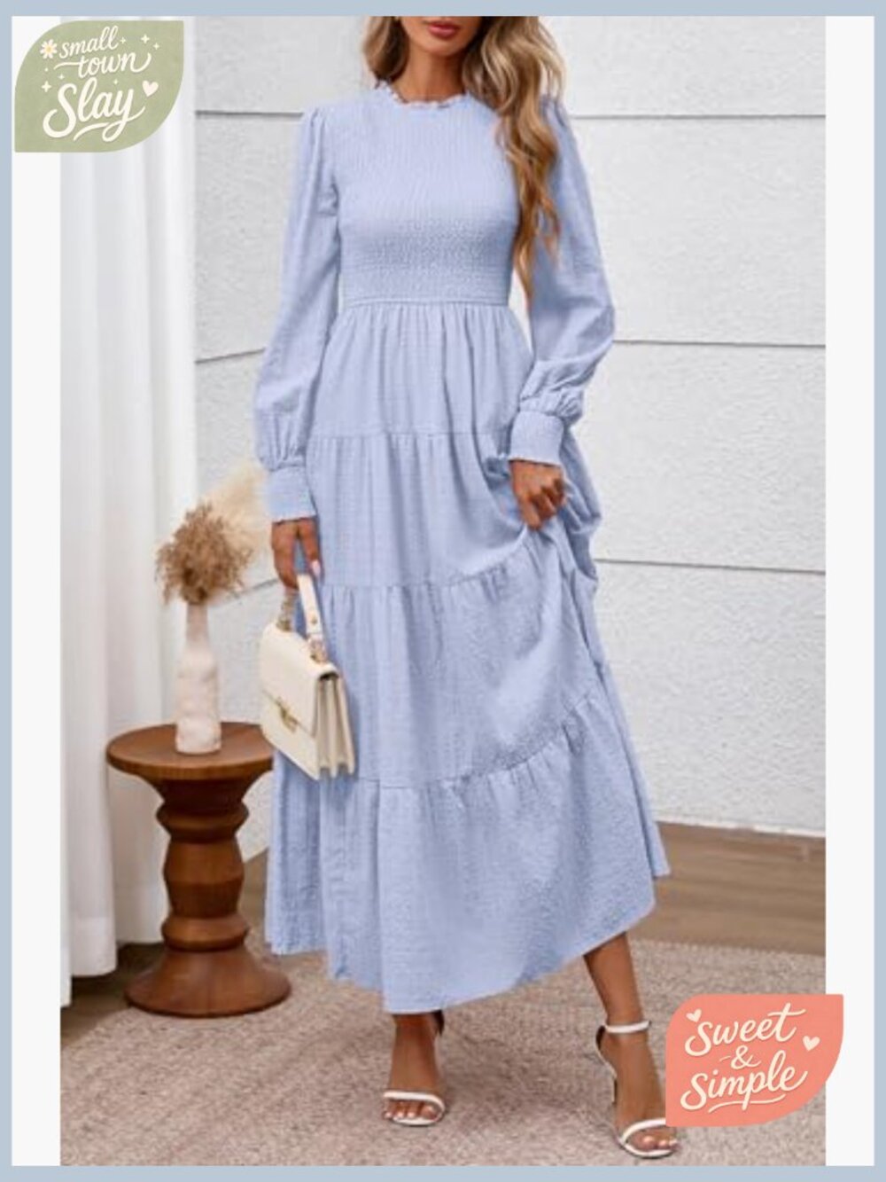 Long Sleeve Maxi Dress Smocked Waist Swiss Dot Formal Wedding Guest - Picture 6 of 7